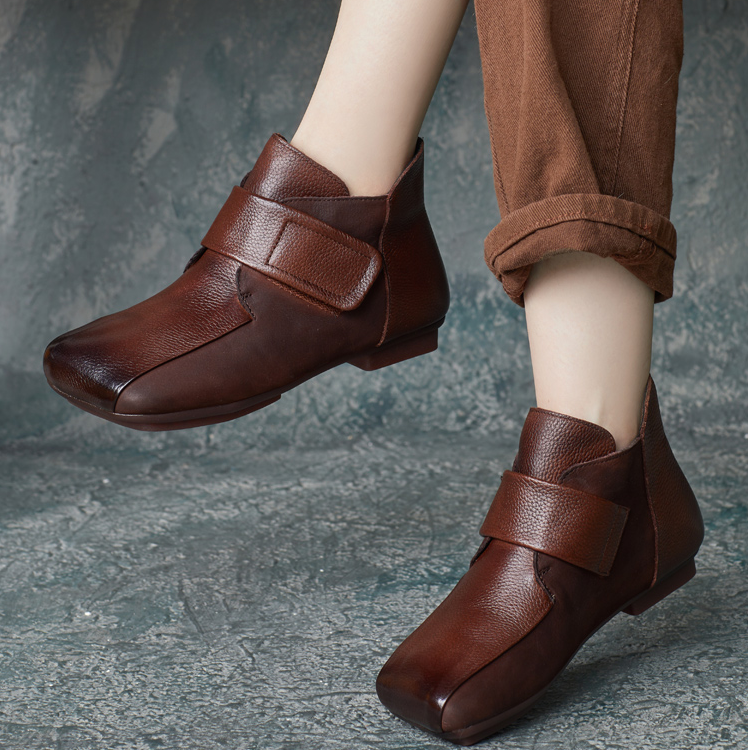 秋冬（E3）新款牛皮方头魔术贴平方头平底短靴女时装皮靴612