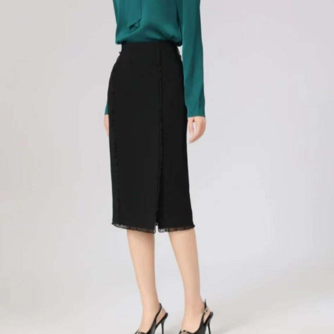 AMASS阿玛施 中长款高腰剪接荷叶开衩气质包裙520001显瘦包臀裙女