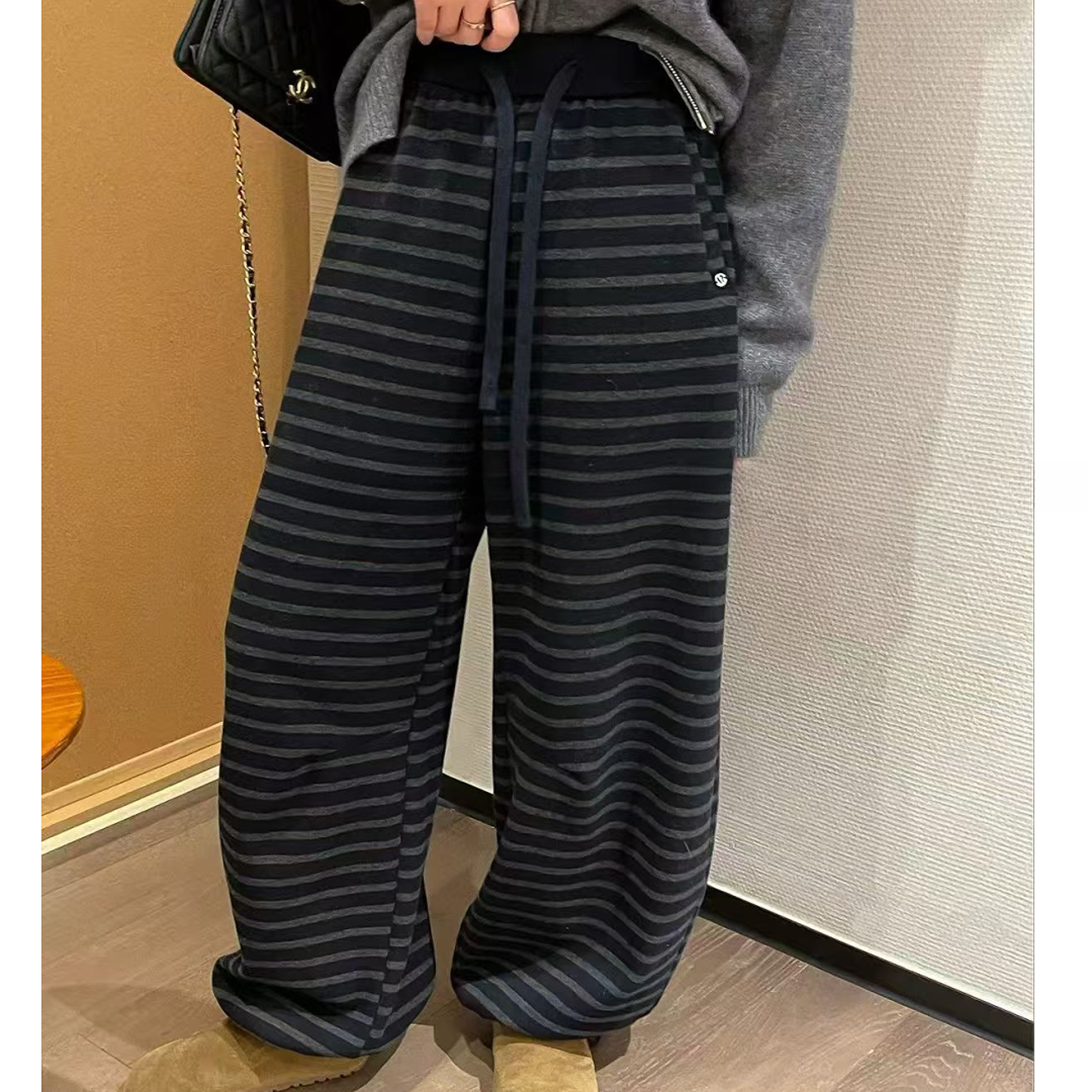 休闲慵懒抽绳条纹裤卫裤裤子加绒百搭时尚宽松秋冬阔腿裤直筒长裤