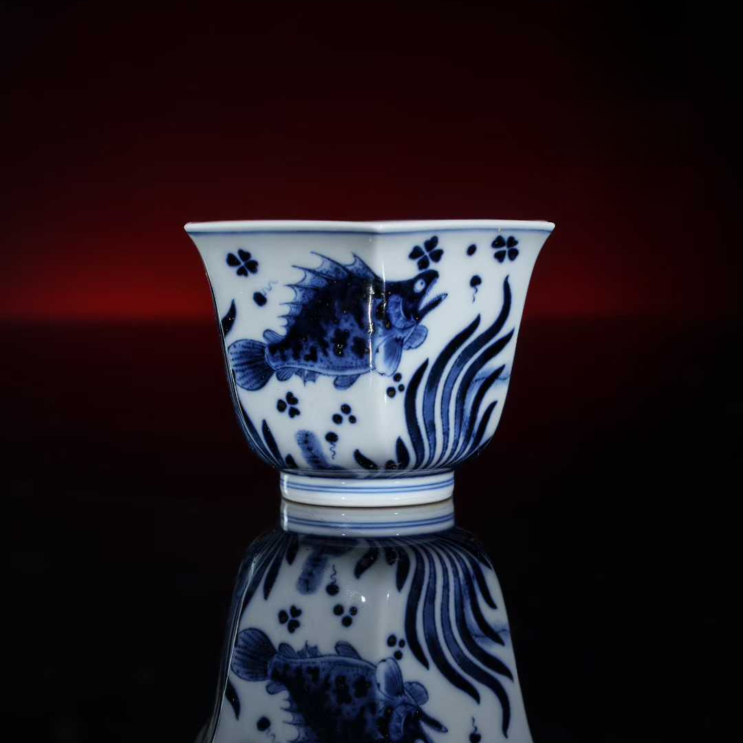 志纯窑 鱼藻六方杯