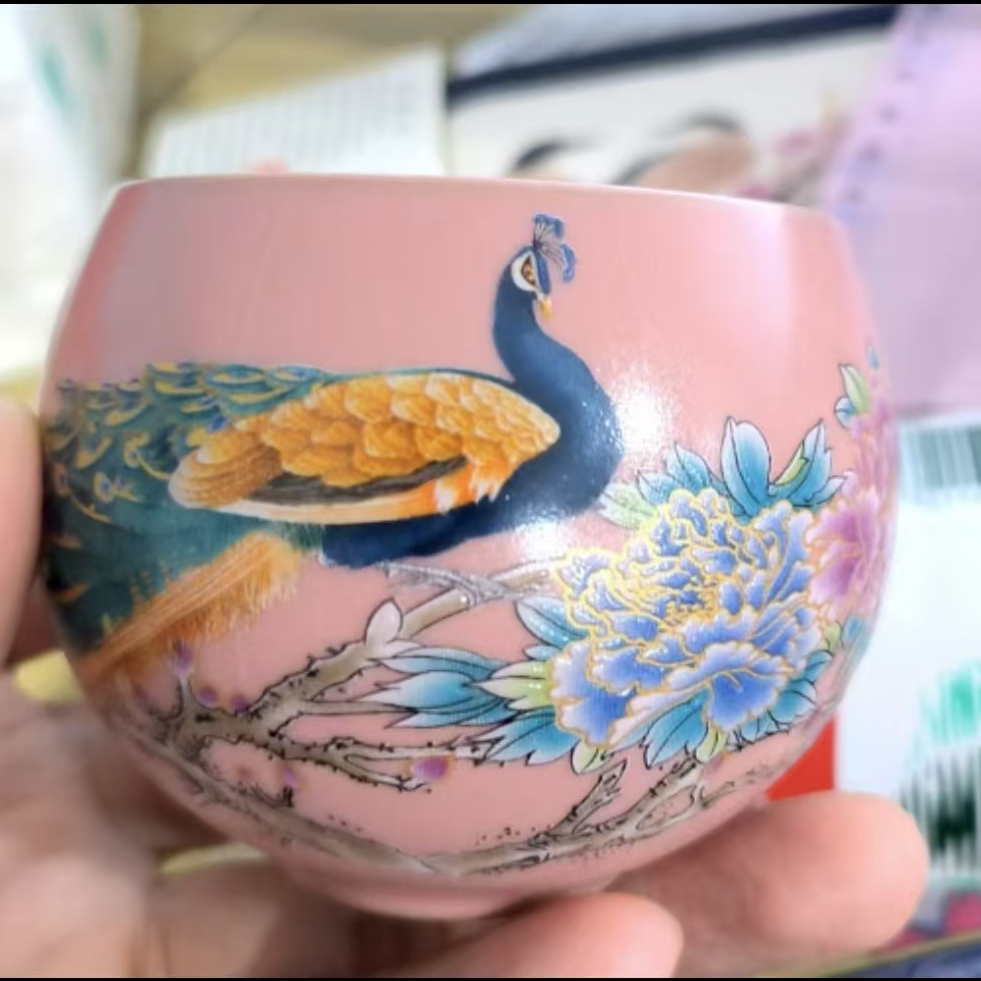 TJ104-红汝孔雀铜钱杯【单品包邮偏远除外】