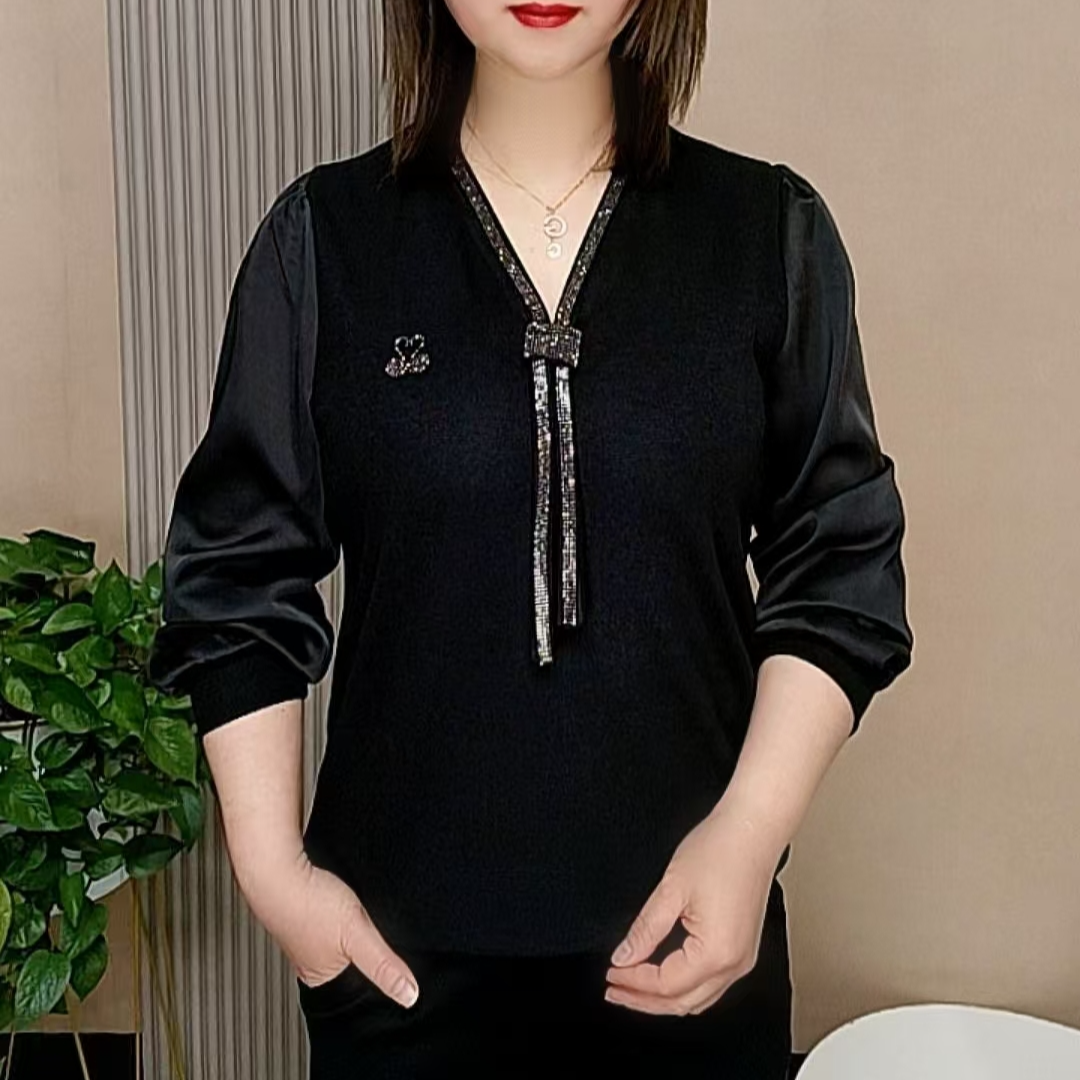 春季新款时尚百搭V领烫钻飘带拼色减龄高贵气质长袖小衫显瘦上衣