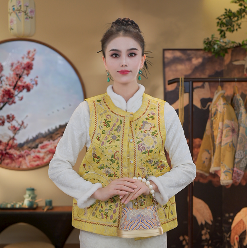 金陵颂1034新中式2025秋冬新款国风重工马甲背心