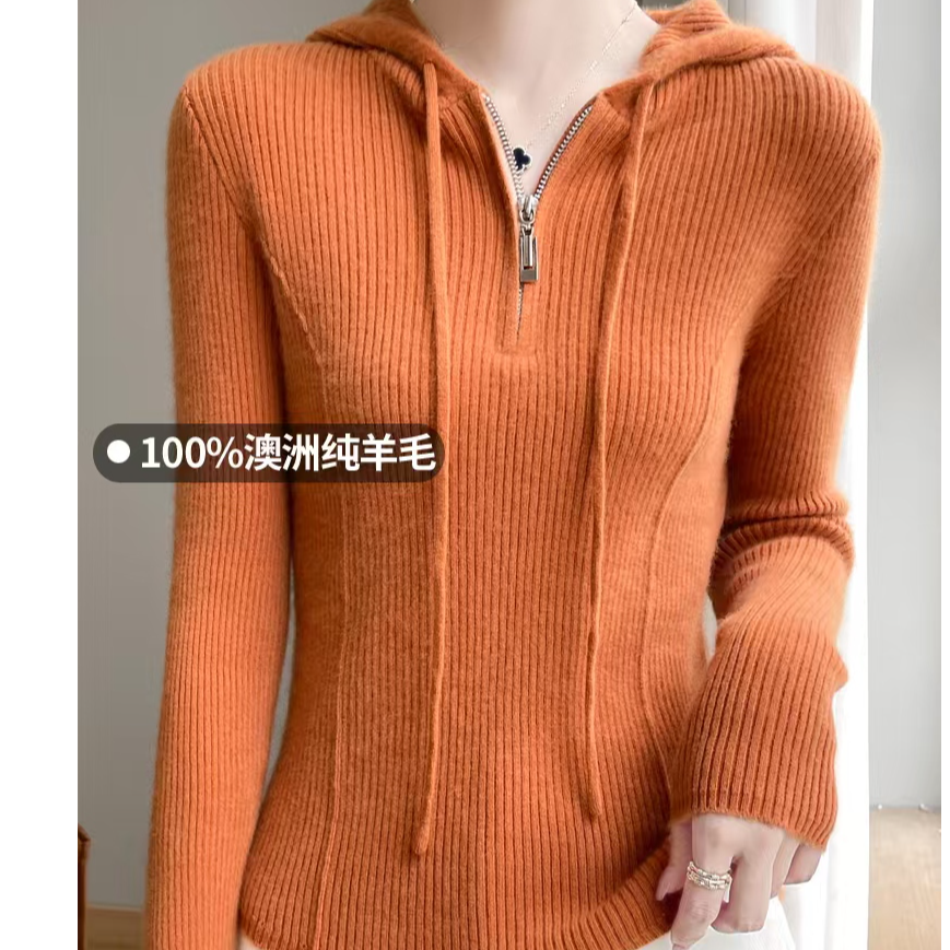 新款100%羊毛针织衫女士百搭连帽衫半开拉链宽松显瘦时尚打底衫