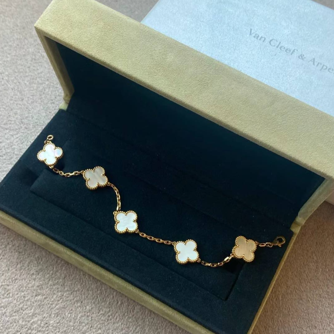 99新 梵克雅宝 小花6欢 五花手链 新扣 白贝母 M-L码 黄金 