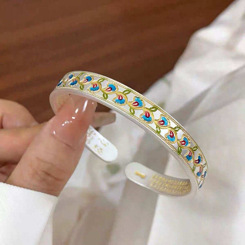 足银手镯 【珐琅花瓣藤缠枝开口手镯】复古雕刻经典百搭女