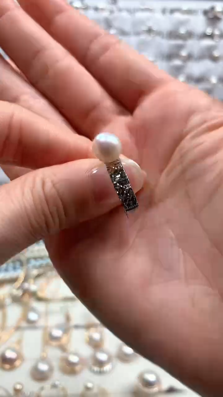 【闪购商品】海水珍珠戒指银S925镶嵌海水珍珠开口戒碎冰冰款
