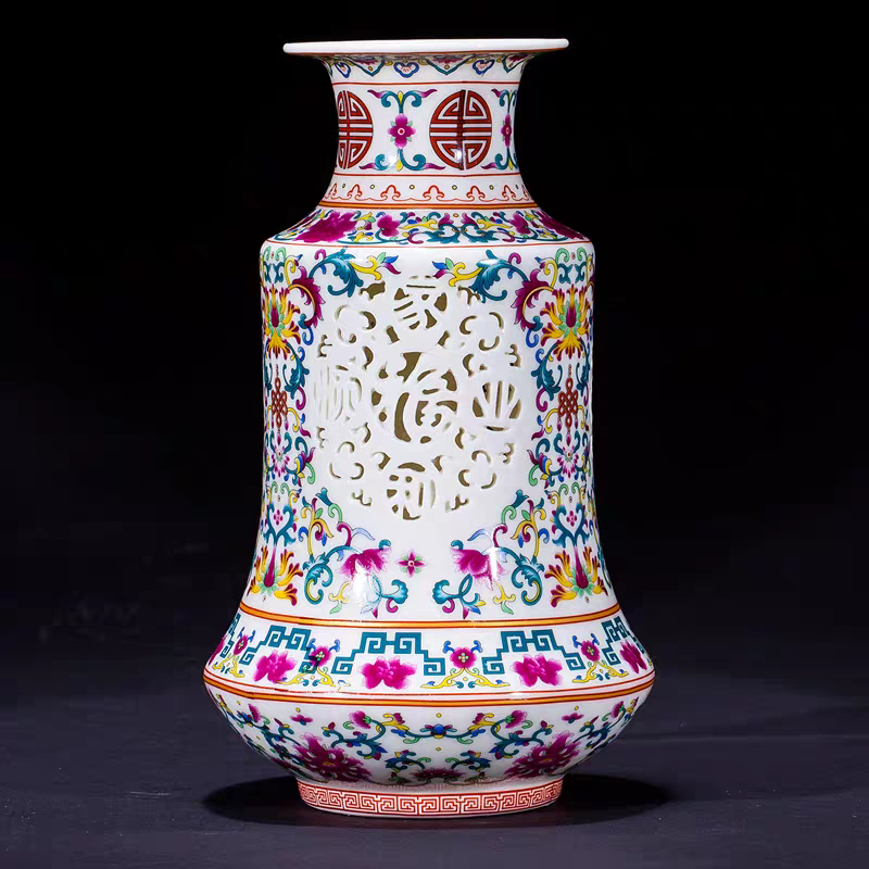 景德镇陶瓷花瓶新品镂空中式家居花瓶高24cm