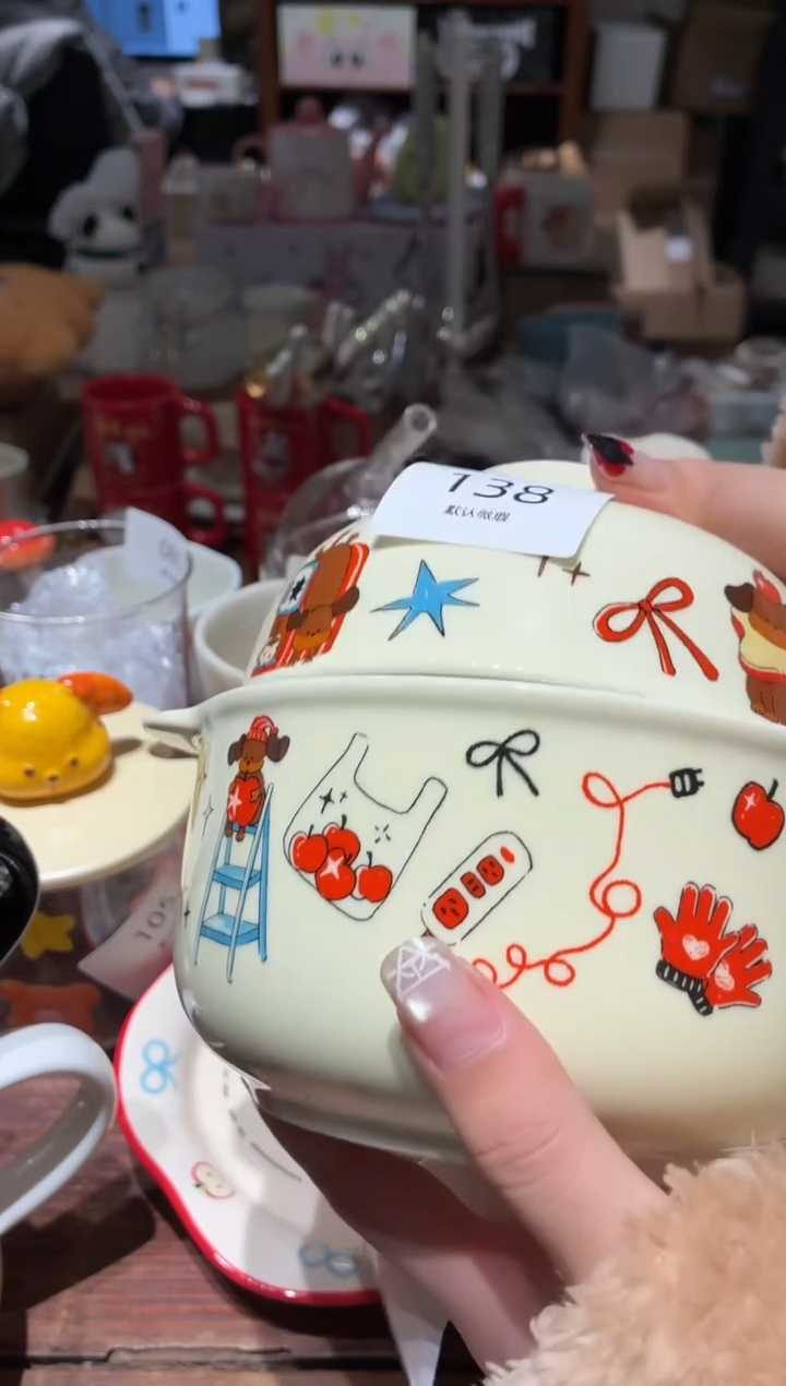 瓷138红色小狗泡面碗