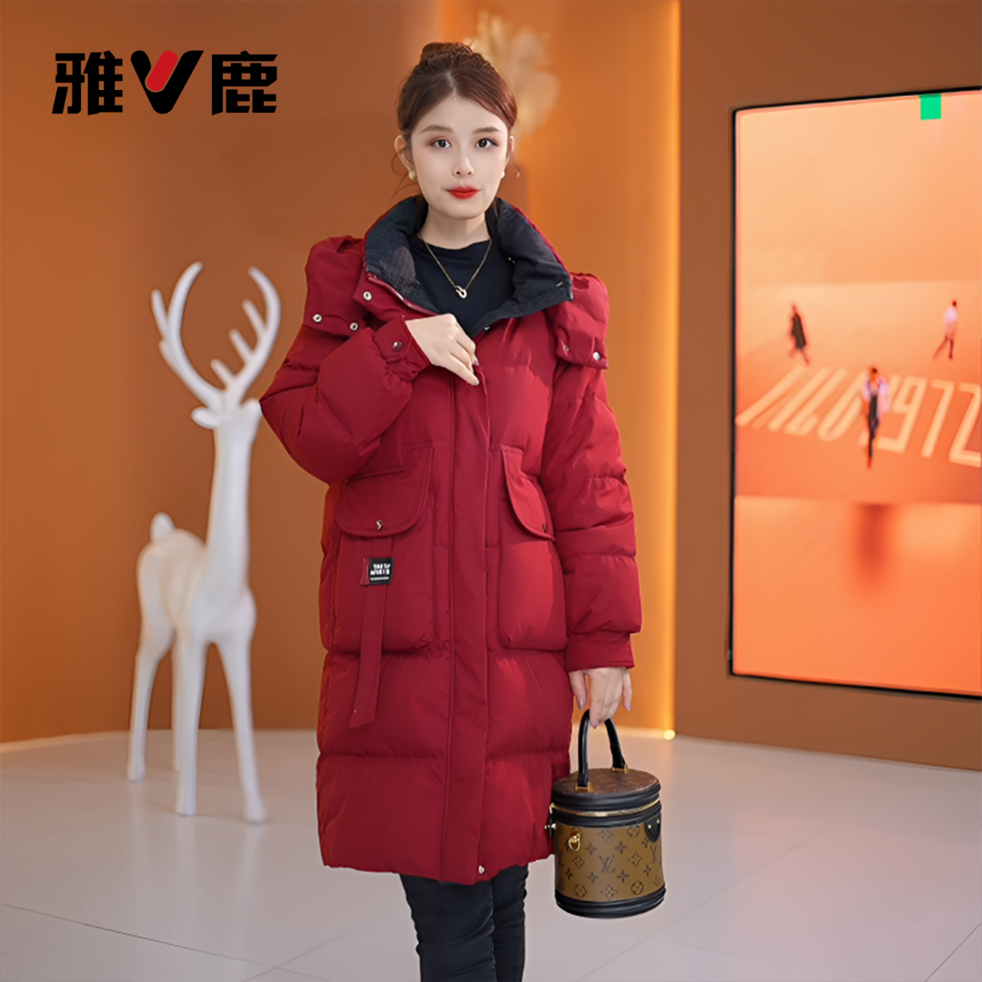 V/雅鹿季情侣保暖连帽女士简约时尚百搭羽绒服中长款中长款白鸭绒