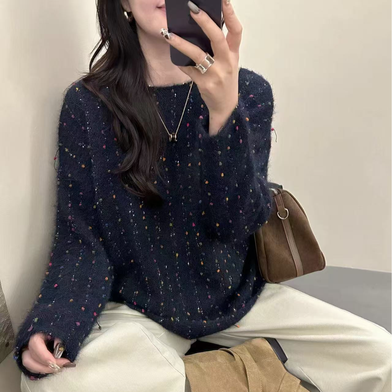 彩色点点韩版2025年秋季新款时尚百搭宽松针织衫套头毛衣上衣女款