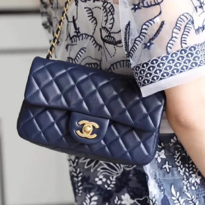 95新 Chanel/香奈儿 小花JerryCF 口盖包 大Mini 蓝色 24开 