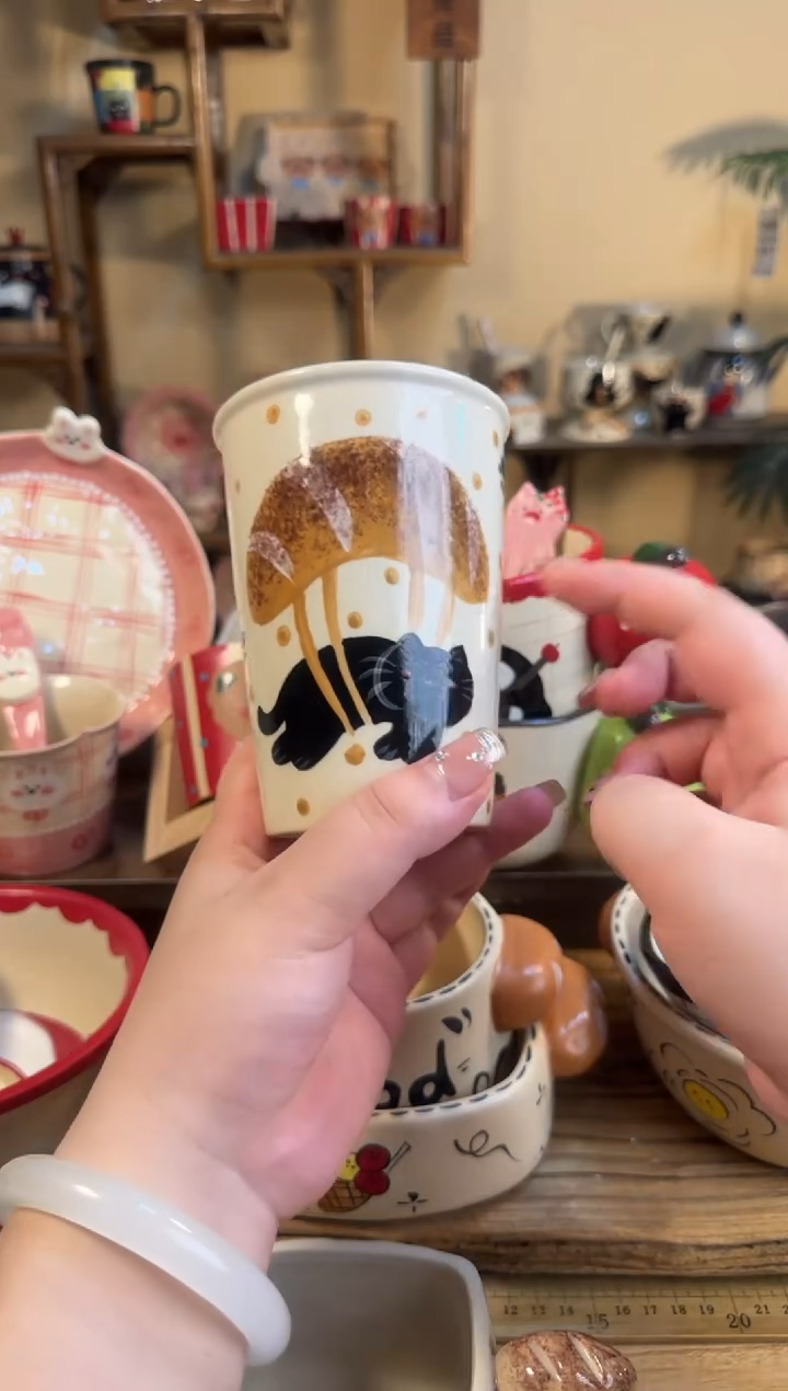 陶瓷面包猫咪可乐杯【十里高温釉下彩陶瓷】