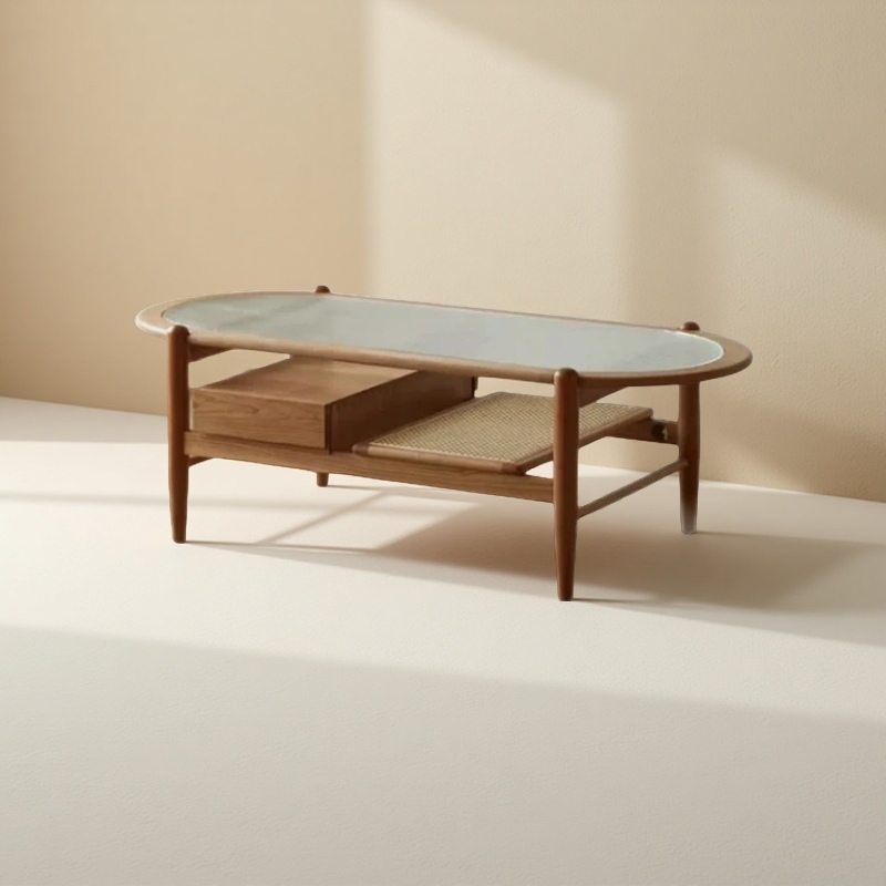 日式实木茶几ins风休闲藤编方形长虹玻璃客厅家用简约现代小户型