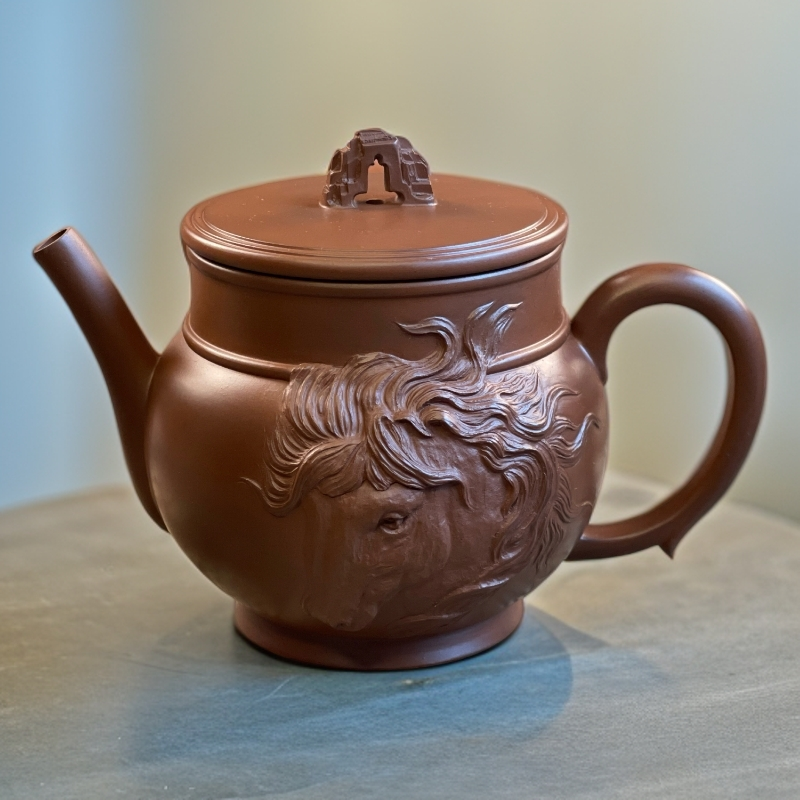 十二生肖马壶230cc内推球孔堆雕工艺坭兴陶手工制作泡茶壶茶具
