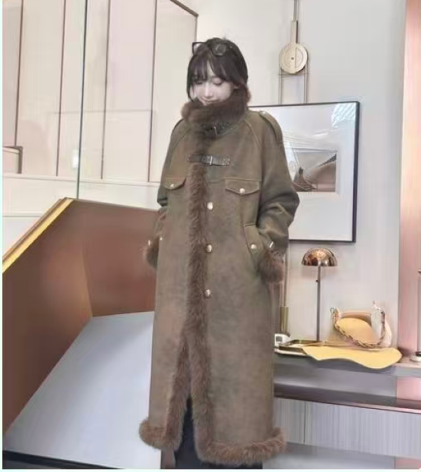 冬季街头风保暖连帽毛呢外套毛领中长款女士加厚时尚-75083