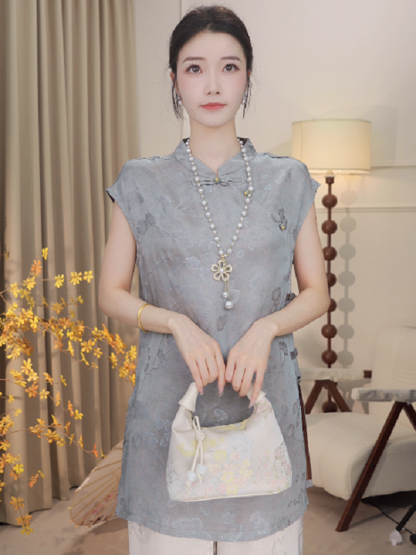 新中式短袖衬衫女夏新款国风盘扣中长款小衫2025B9582——小云