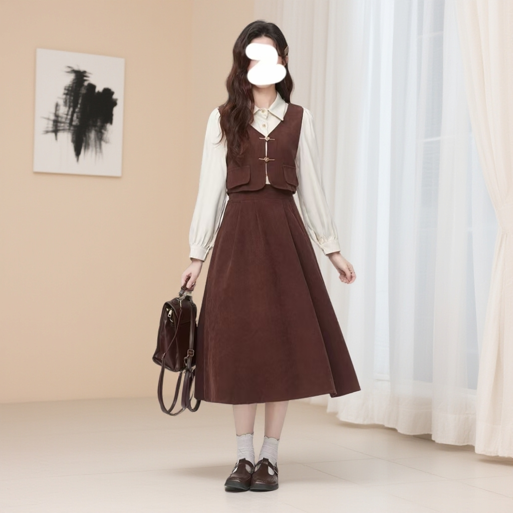 【秋季新款】2025减龄假两件衬衫拼接连衣裙收腰厚款长裙