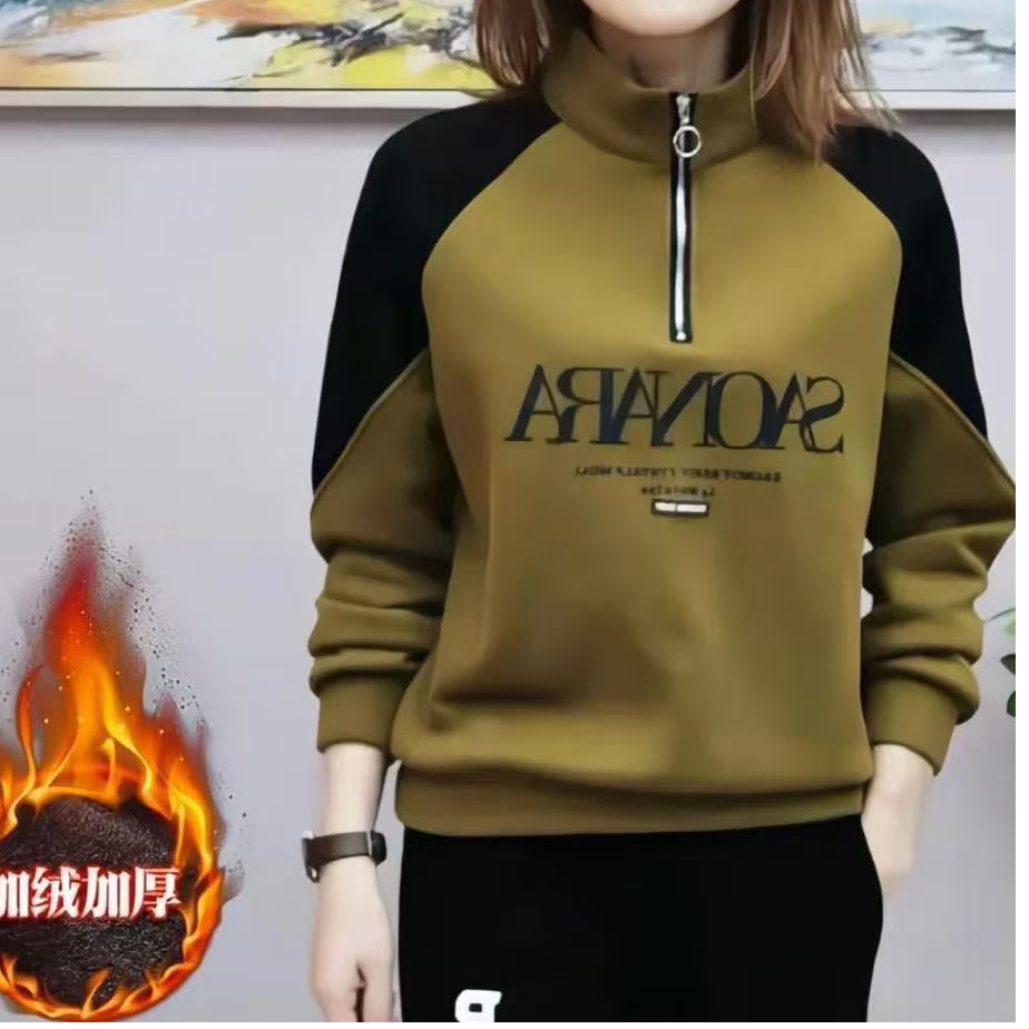 保暖加绒卫衣女士拉链套头时尚字母套头保暖外套减龄宽松显瘦上衣