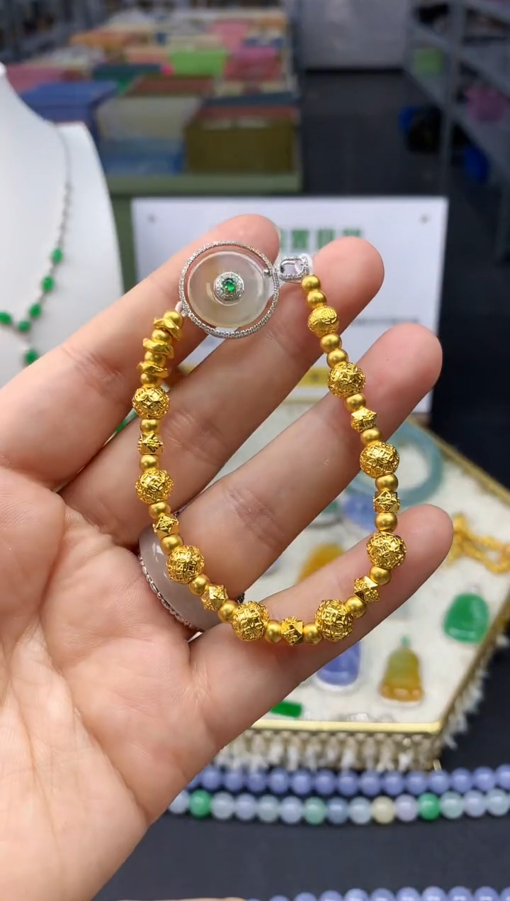 【闪购商品】翡翠手链足金镶嵌翡翠手链|不退不换