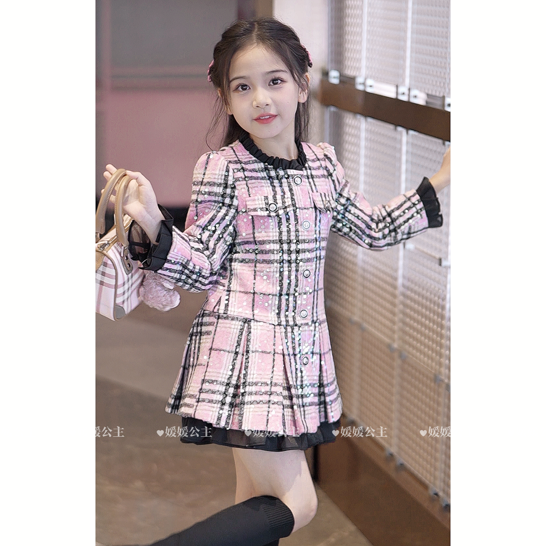 媛媛公主2025冬季新款格子加绒加厚女童小香风连衣裙14361R326