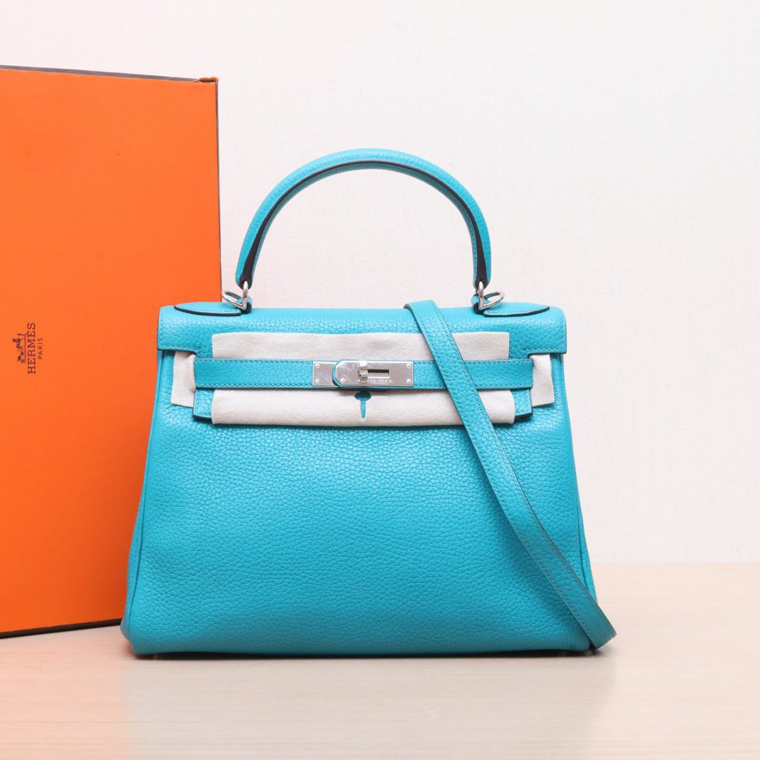 95新 Hermes/爱马仕 【小花Han】凯利 28 雀蓝 Tg皮 A刻银扣包
