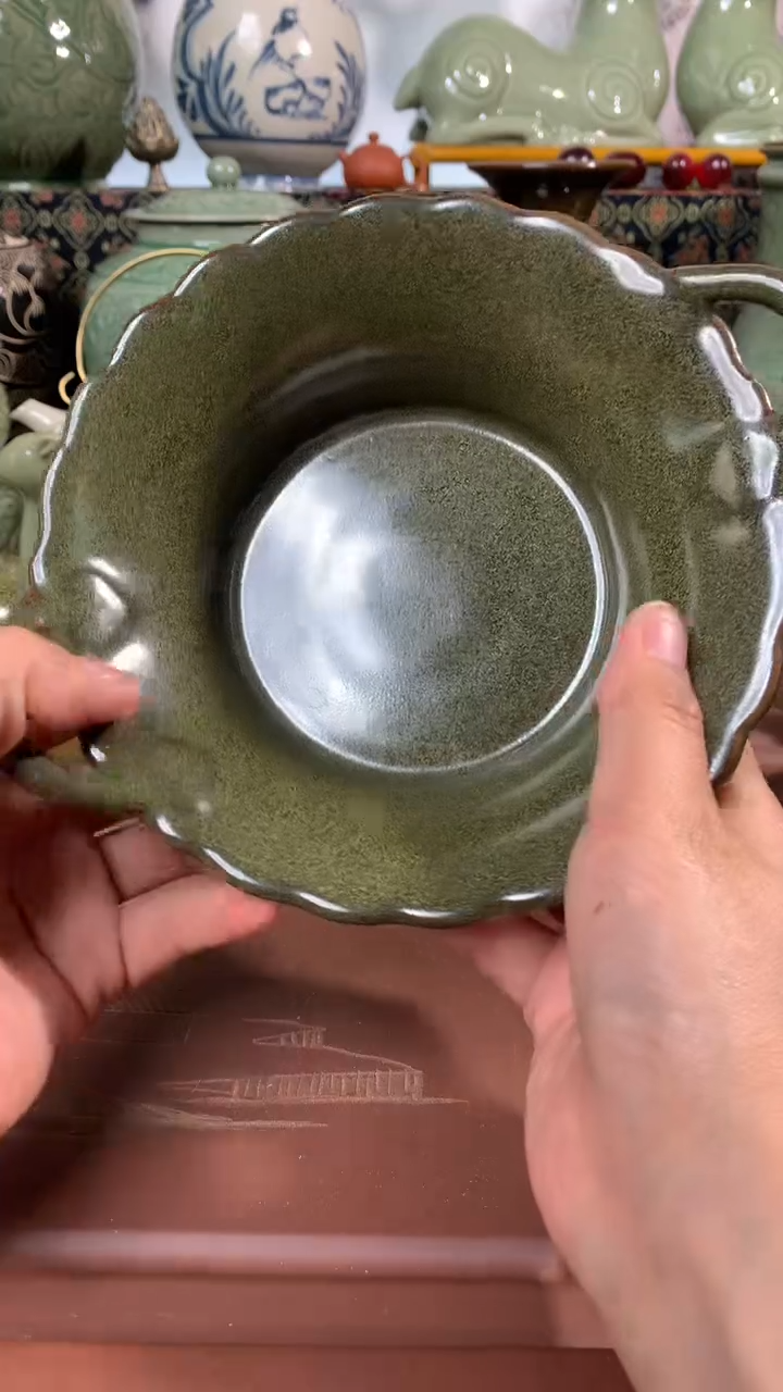 现代耀州窑茶叶沫釉双耳盘口径16.5CM一只