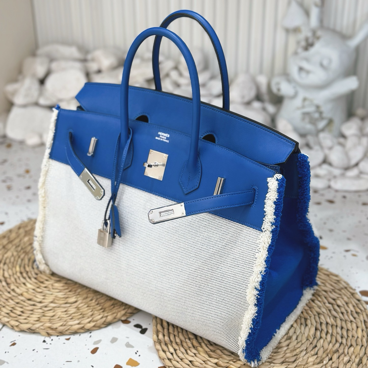 99新 Hermes/爱马仕 birkin35手提包fray法国蓝拼帆布银扣
