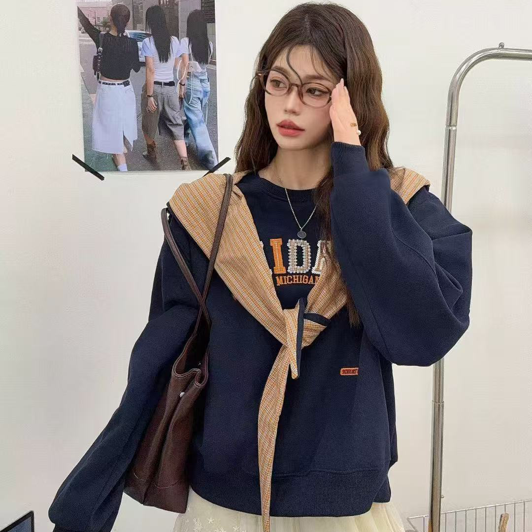 秋季连帽套头卫衣百搭数字女撞色薄款冬季通勤字母