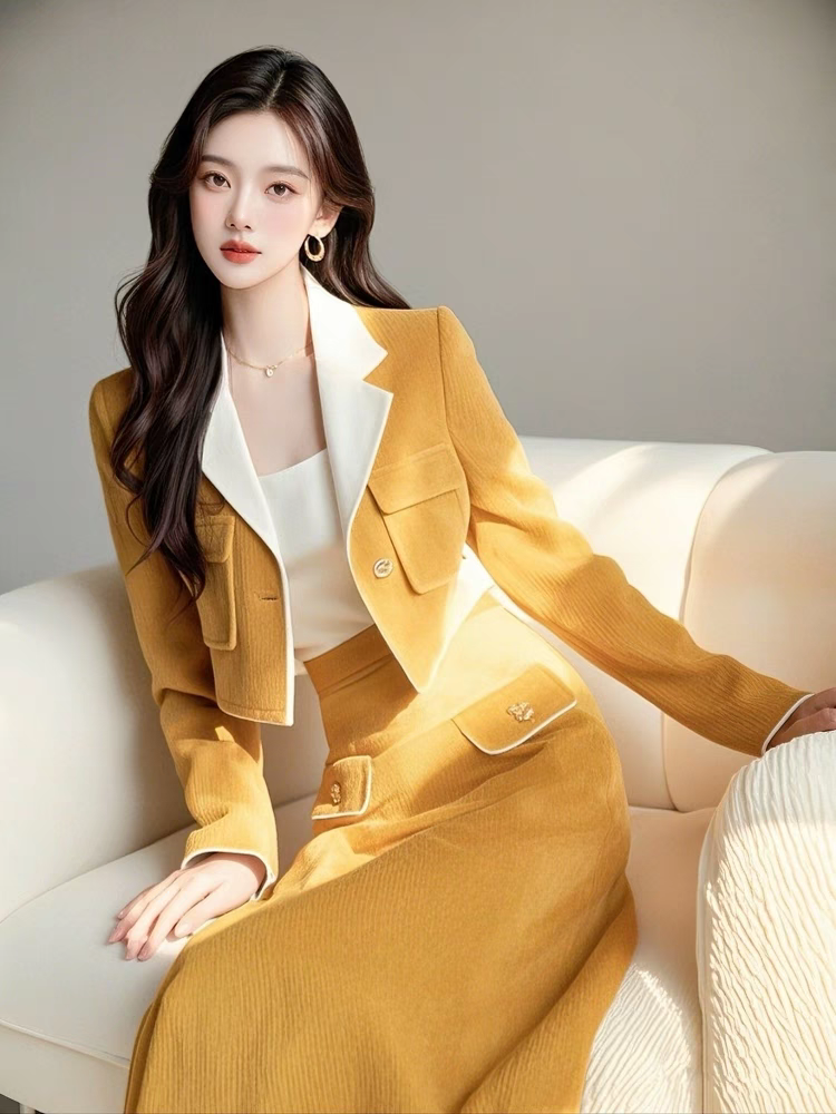 2024冬季穿搭一整套独特绝美小香风黄色灯芯绒西装外套半身裙套装