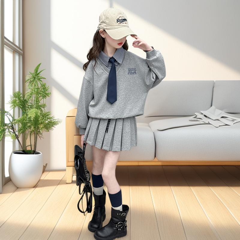 2025新款女童春秋装韩版女童洋气大童长袖卫衣格子短裙时髦套装