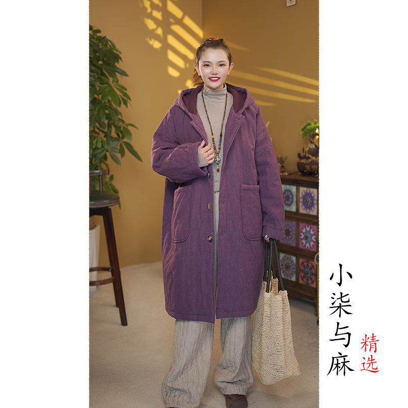 【小柒与麻】老钱风连帽亚麻新疆长绒棉抗风外套衣长89cm胸围156cm