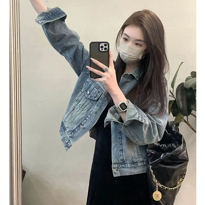 水洗复古牛仔外套女春秋少女新款宽松设计休闲百搭短款夹克上衣