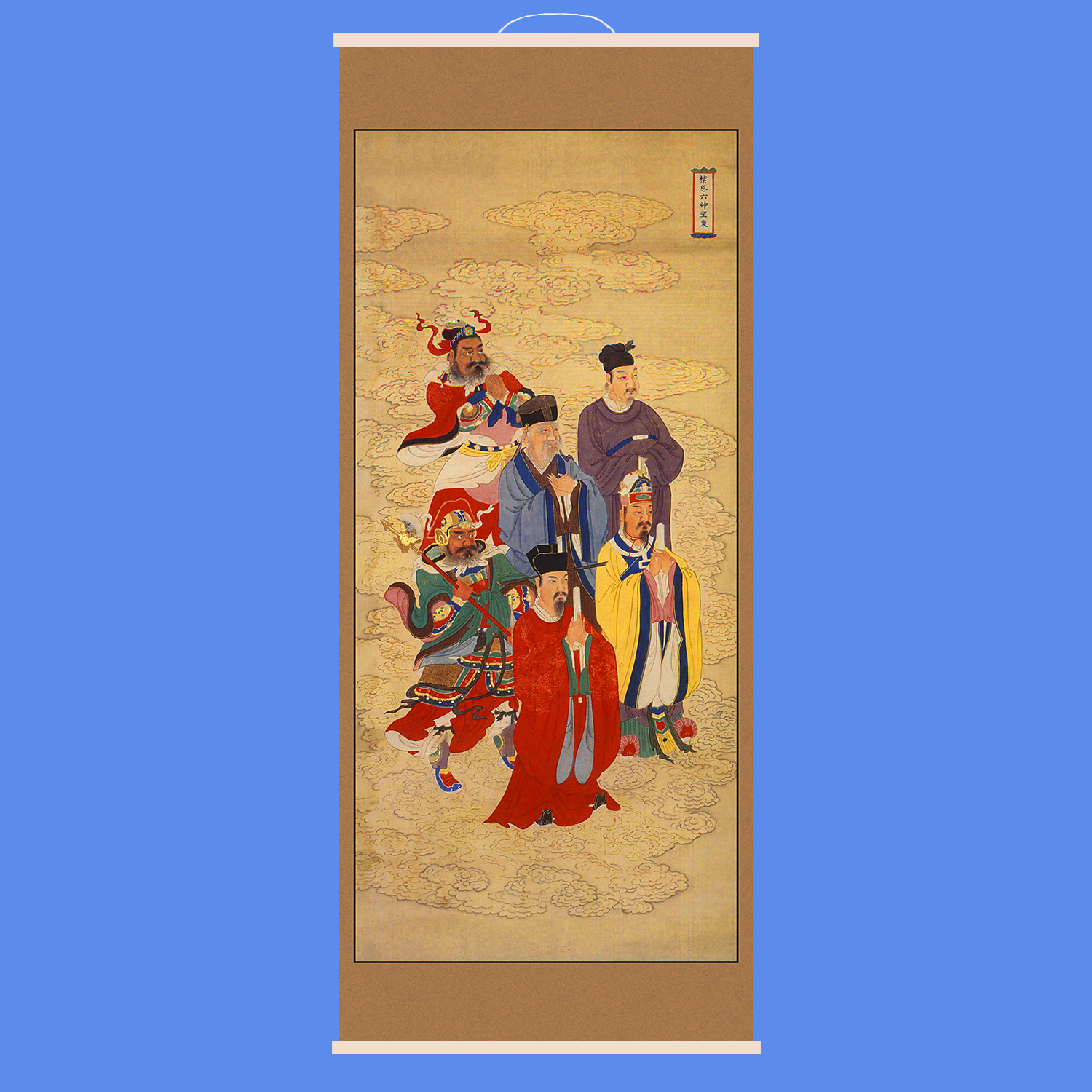 明代禁忌六神圣众画像道场家庭供奉专用油画布木轴挂画