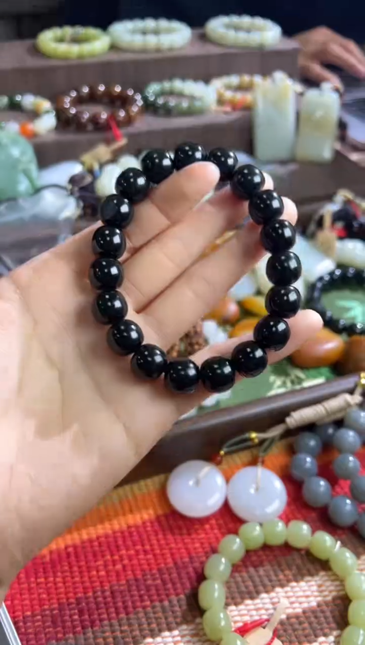 未镶嵌手链和田玉H*➢黑青籽老型珠手串卡12