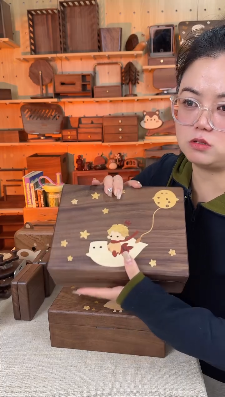 木北美黑胡桃实木镶嵌小王子大号内双层首饰盒