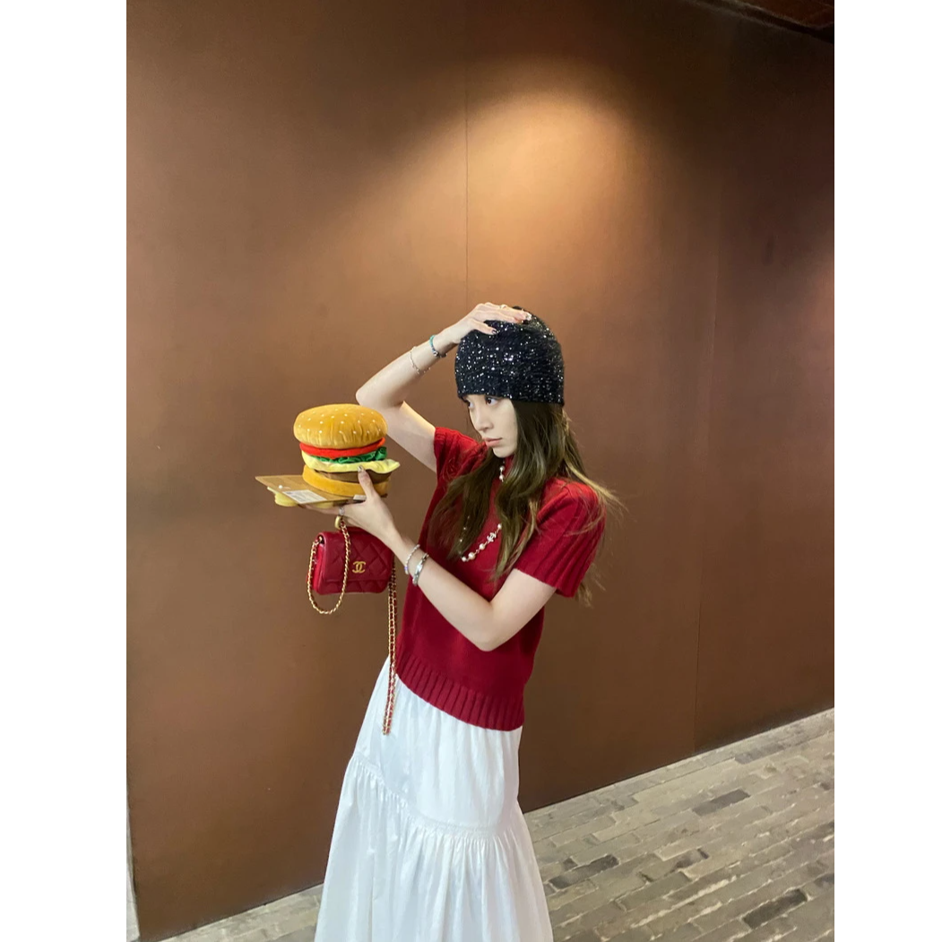 2025春夏新款开春发财红 休闲显瘦半高领针织短袖简约正肩纯色T恤