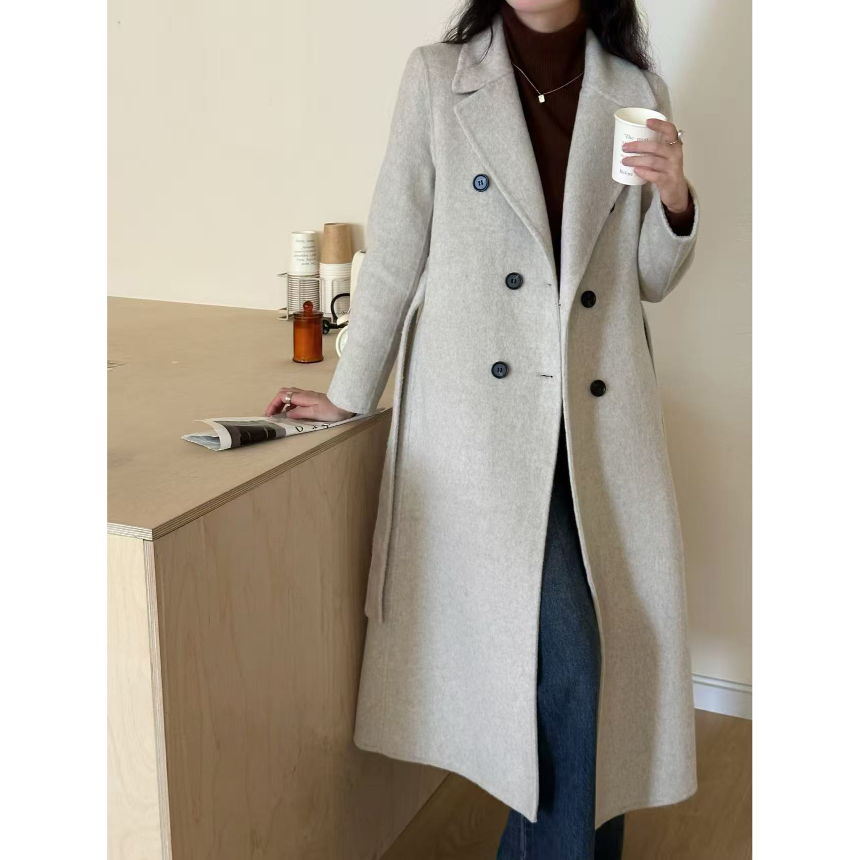 无印心匠A064 长款收腰系带羊毛外套女秋冬翻领百搭保暖k1707