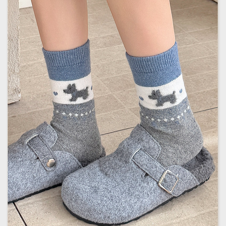 女士单双《潮袜先生》秋冬潮流设计灰蓝羊毛中筒蓄热保暖卡通堆堆袜