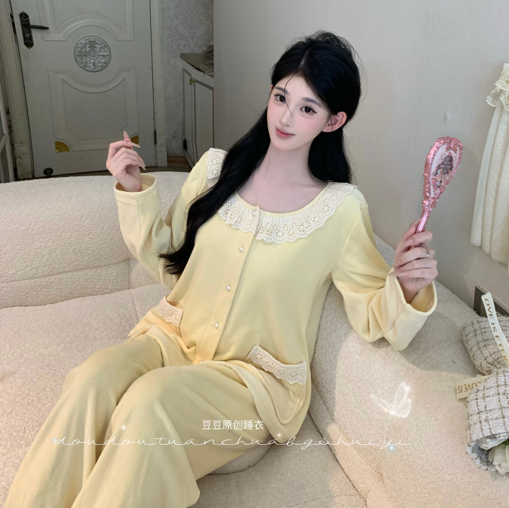 PP【黄油泡芙】蕾丝长袖两件套显白显瘦显瘦春秋家居服睡衣女