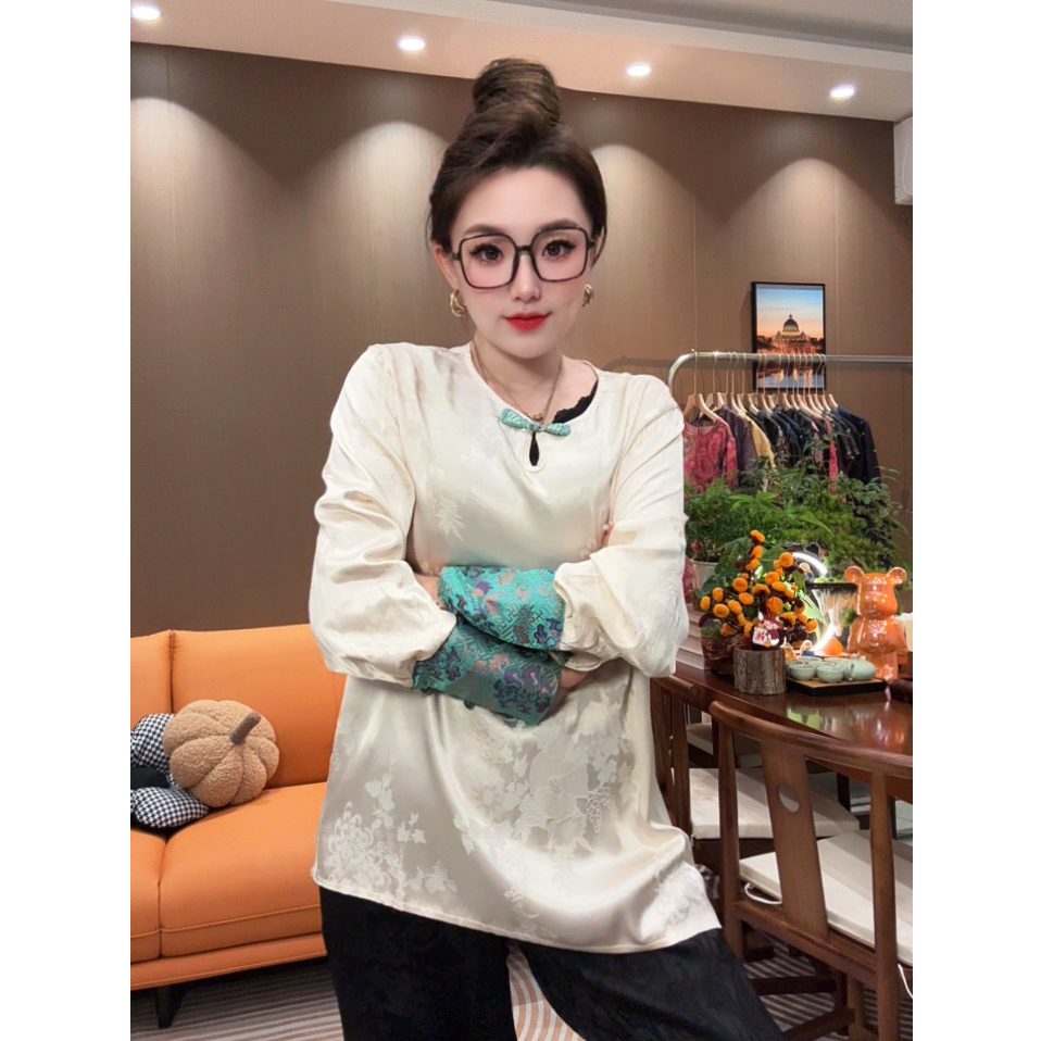 DT25秋季新款中式盘扣正肩衬衫女改良唐装中长款缎面国风衬衣6523