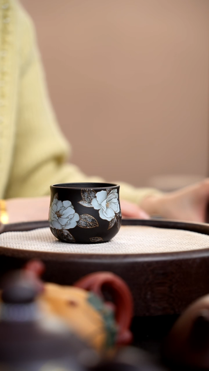 茶壶紫砂捂灰朱泥银牡丹圆线杯