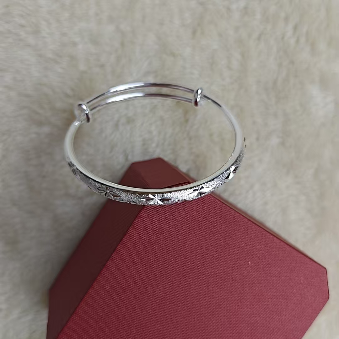 足银手镯 101500圆肚焊口满天星百福轻奢手镯实心古法潮