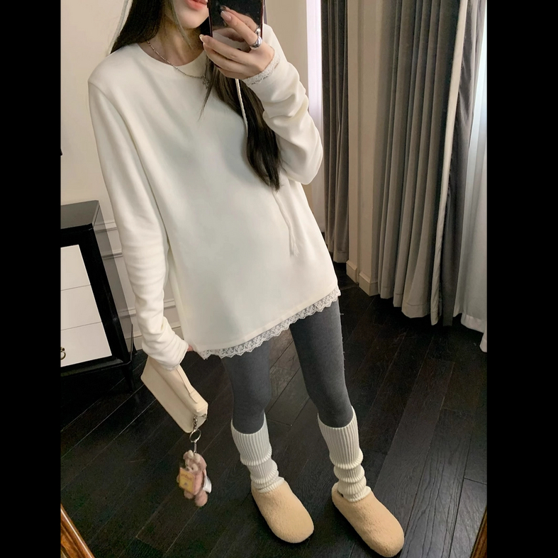 【现货】白色蕾丝中长款长袖打底T恤女秋冬保暖德遮臀内搭叠穿上衣