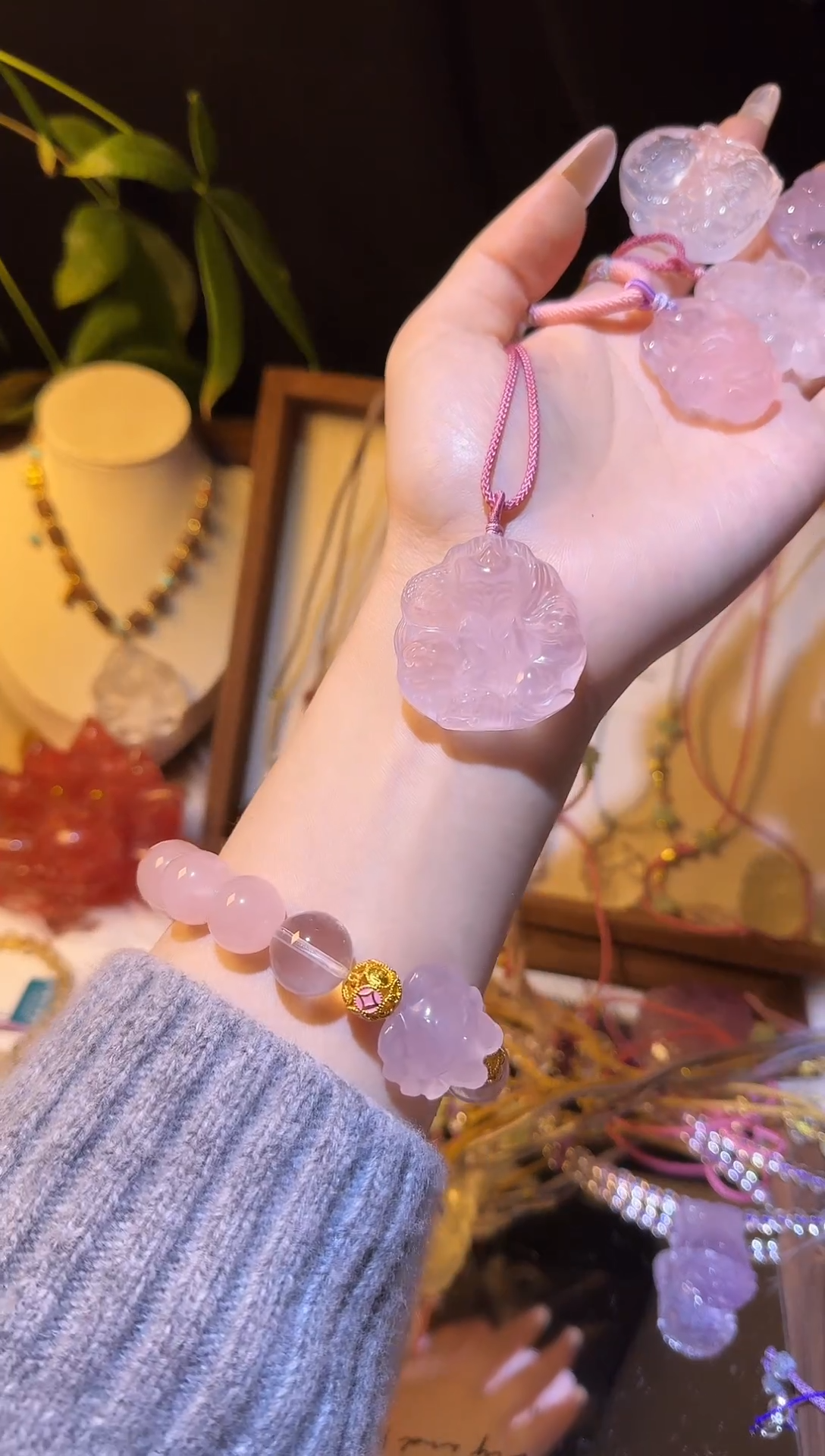 吊坠(不含链)未镶嵌水晶粉五仙编绳