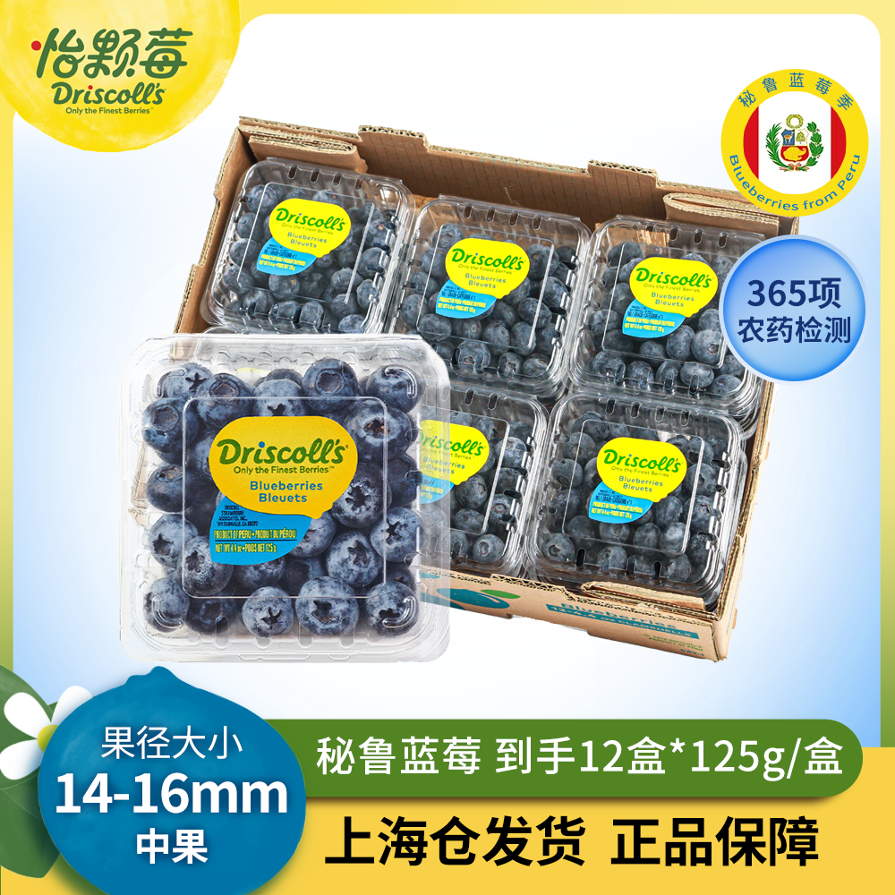 Driscoll's/怡颗莓秘鲁新鲜采摘蓝莓鲜果 (中果)12盒装*单盒125g