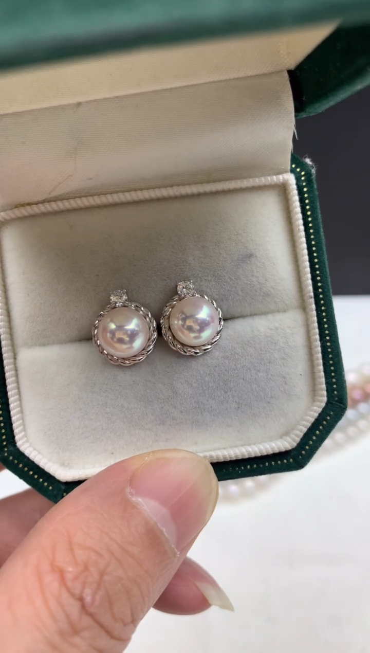 银S925镶嵌ff海水珍珠akoya白珠耳饰8~9mm