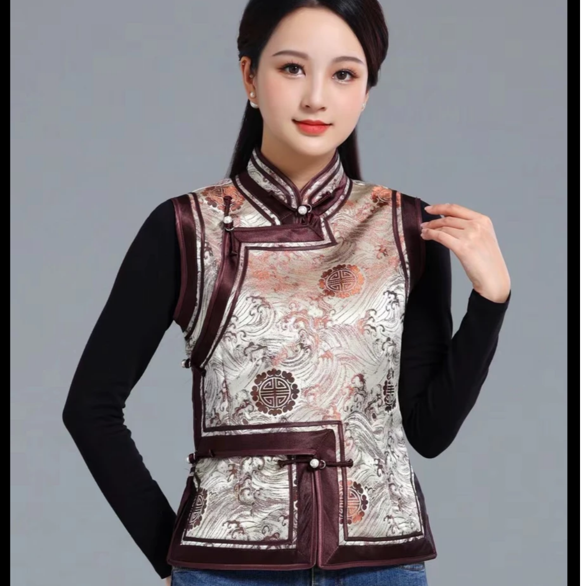 Adiya brand海浪花纹蒙古族短款女士马甲国风复古小个子背心无袖