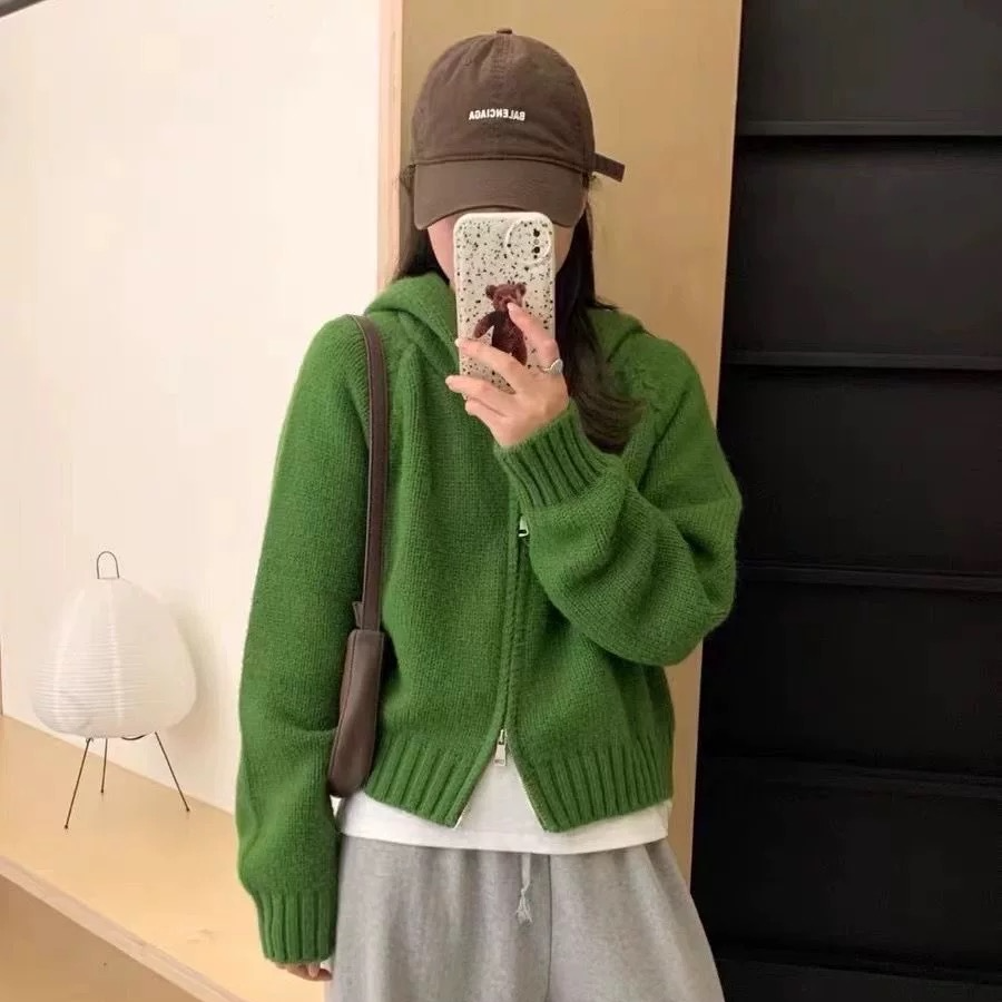 2025慵懒风毛衣外套女秋冬新款韩系简约宽松连帽拉链针织开衫上衣