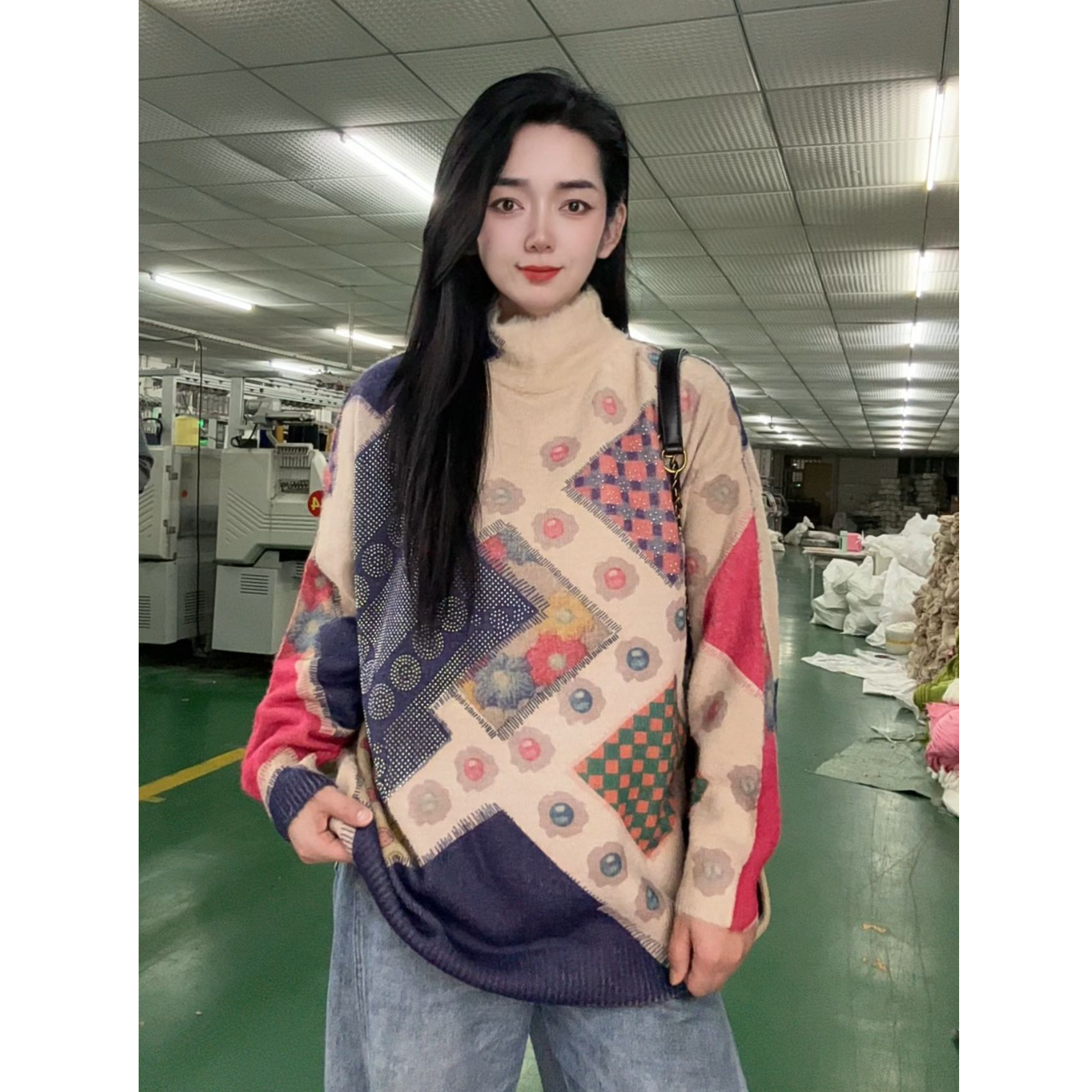 【烫钻蓝方块】2025秋冬洋气保暖加绒针织衫80-180斤宽松休闲百搭